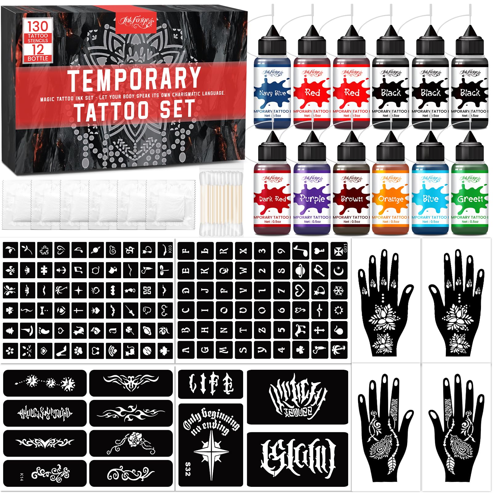 InkForge 12 Bottles Temporary Tattoo Ink Kit – 9 Colors, 130 Stencils