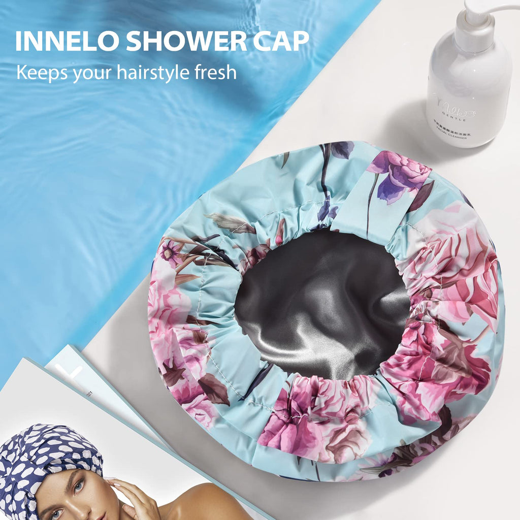 INNELO Luxury Shower Cap for Women – Reusable Waterproof Double-Layer, Satin Lined, Adjustable Elastic Strap, Large Fit, Green-Flower