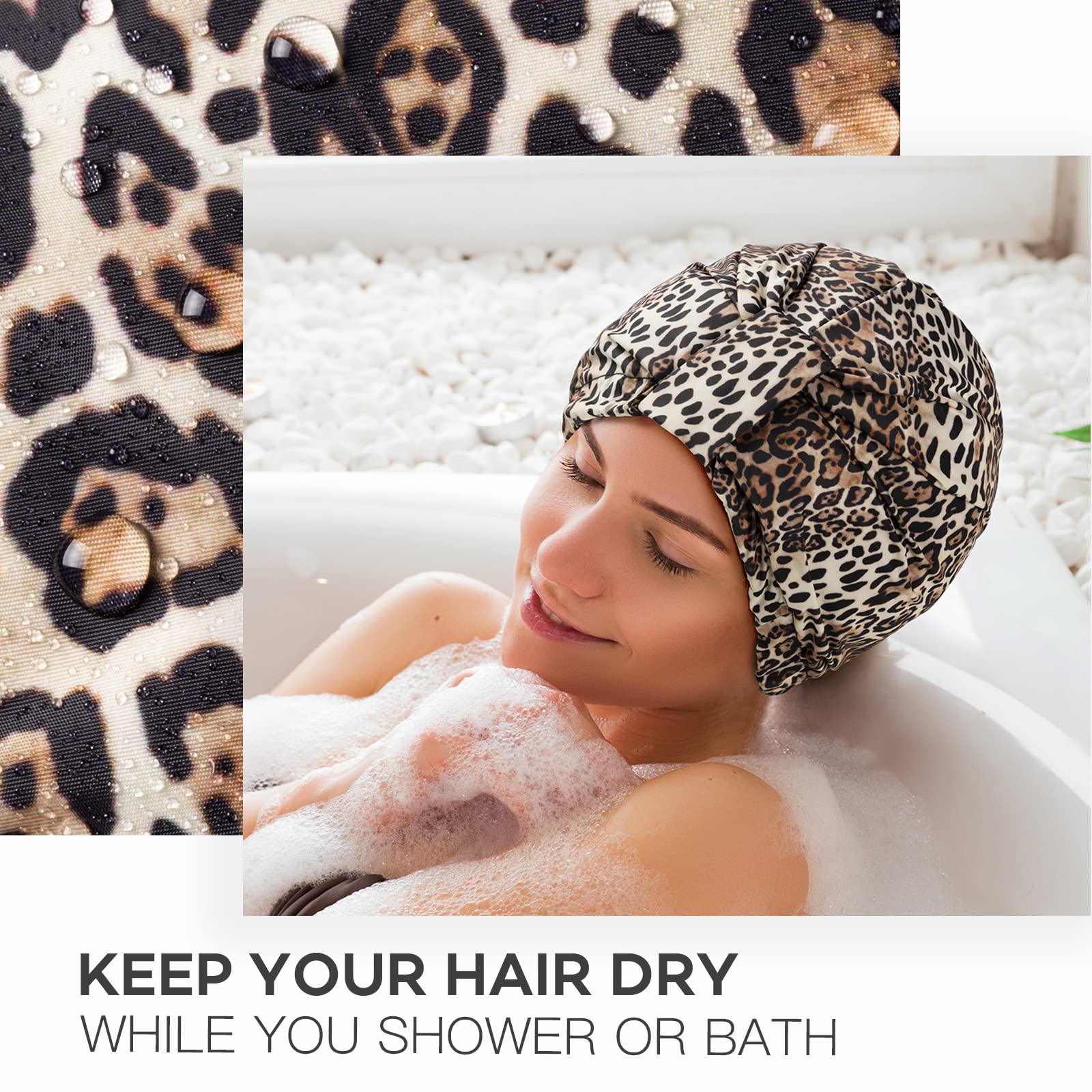 INNELO Luxury Shower Cap for Women – Reusable Double-Layer Waterproof Cap with Adjustable Elastic, Leopard Pattern
