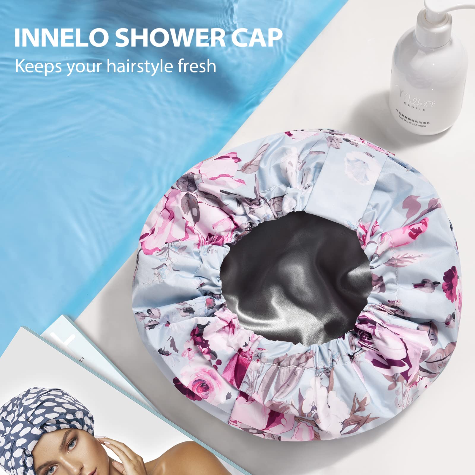 INNELO Luxury Shower Cap for Women – Reusable Waterproof with Satin Lining