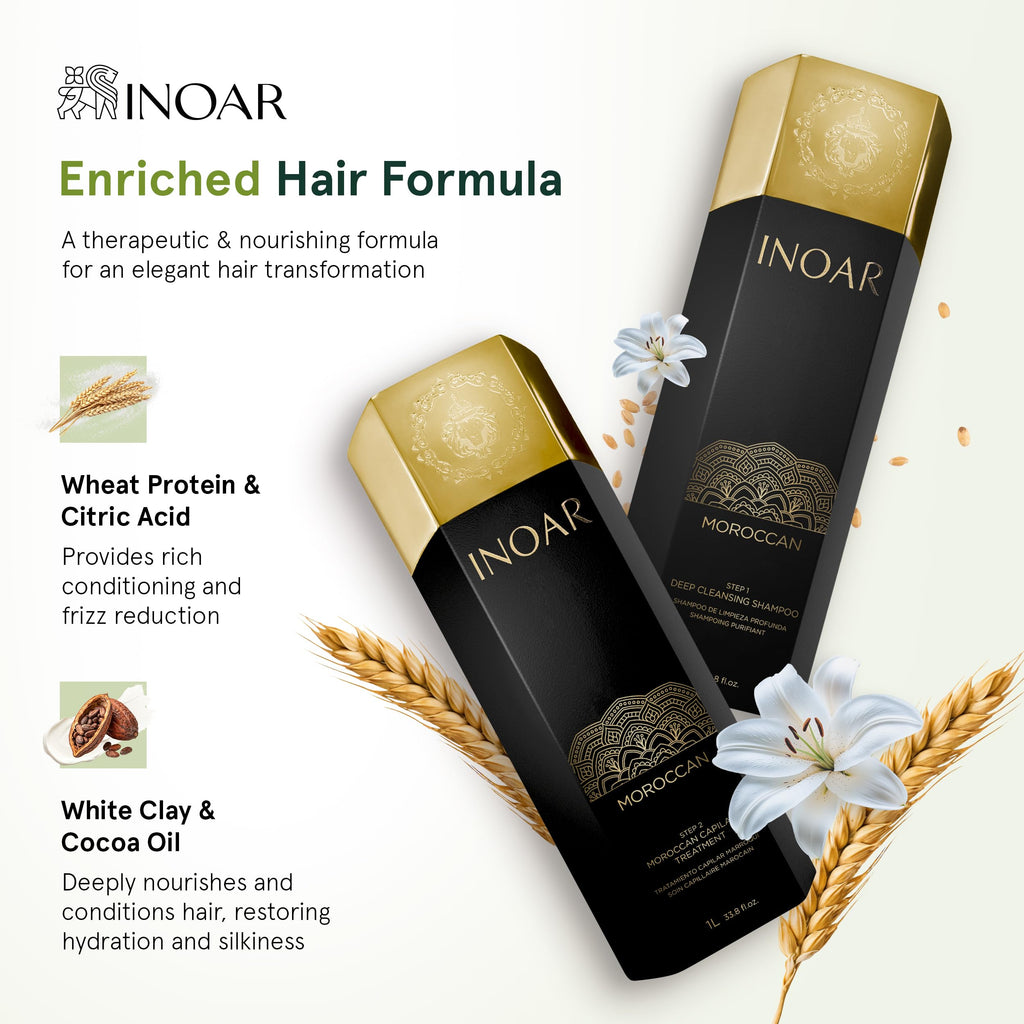 INOAR Moroccan Keratin Smoothing Set — Deep Cleansing Shampoo & Smoothing Treatment (33.8 oz Each)