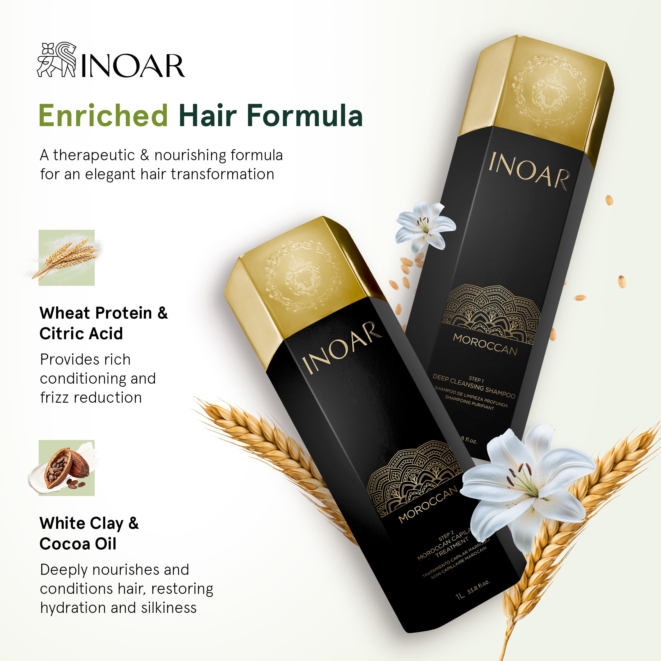 INOAR Moroccan Keratin Smoothing Set — Deep Cleansing Shampoo & Smoothing Treatment (33.8 oz Each)