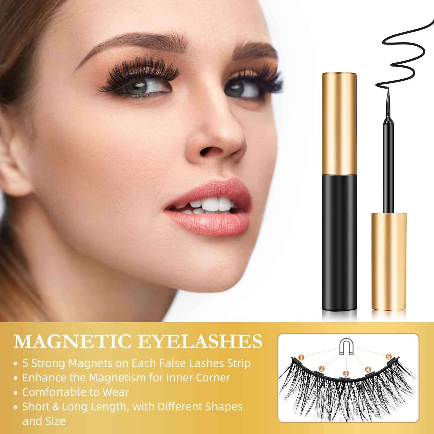 INSMART Magnetic Eyelashes - 14 Pairs, 3 Magnetic Eyeliner Tubes, Reusable