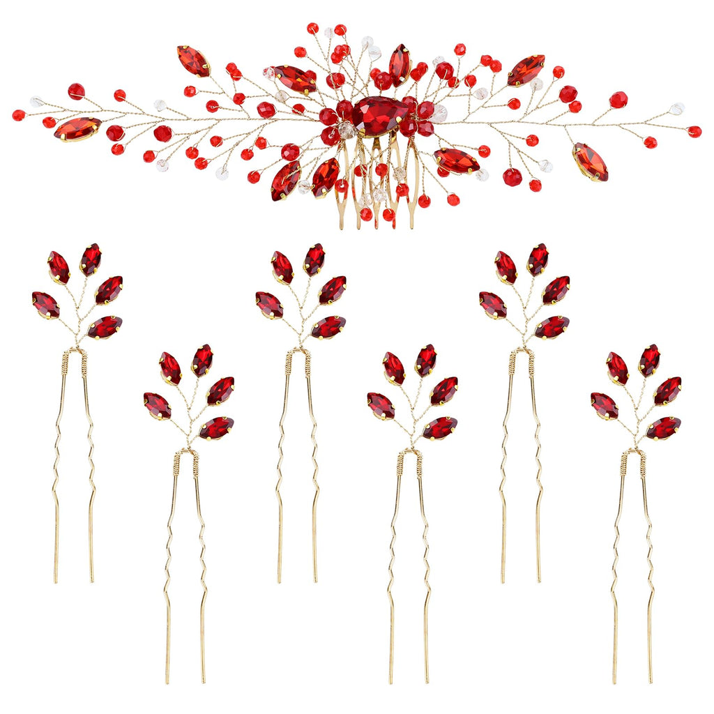 inSowni 7-Piece Vintage Red Crystal Hair Side Comb & U-Shaped Pins – Bridal Prom Wedding Accessories