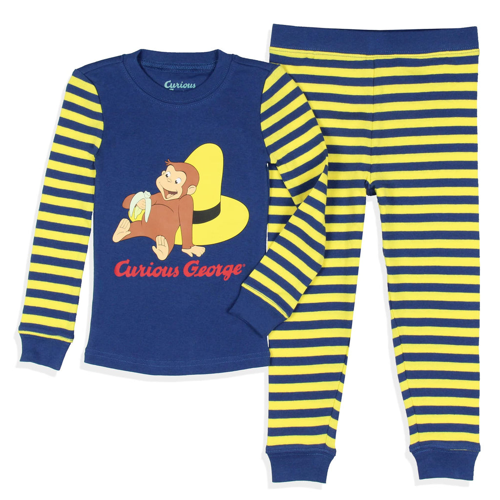 INTIMO Curious George Toddler Boys' Tight Fit Banana Stripe Sleep Pajama Set – Long Sleeves & Pants, Blue (5T)