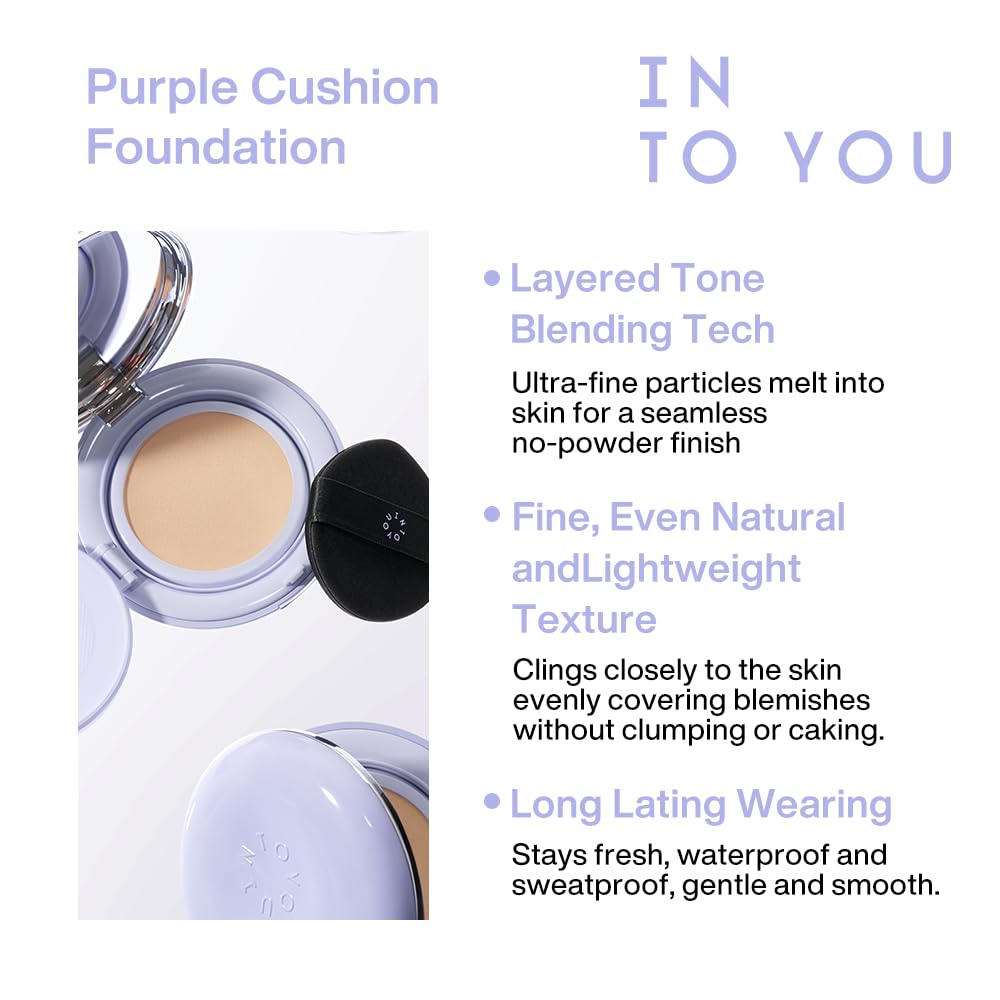 Into You Purple Long-Wear Concealing Cushion Foundation – Full Coverage, Oil Control, Refill Included (L02 Natural Beige)
