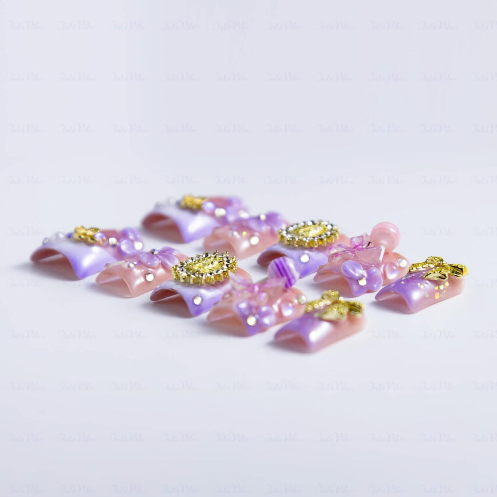 IntoVibes 10-Piece Luxury Acrylic Press-On Nails – Short Duck Shape, Pink & Purple, 3D Flowers, Bowknots, Reusable (Size L)