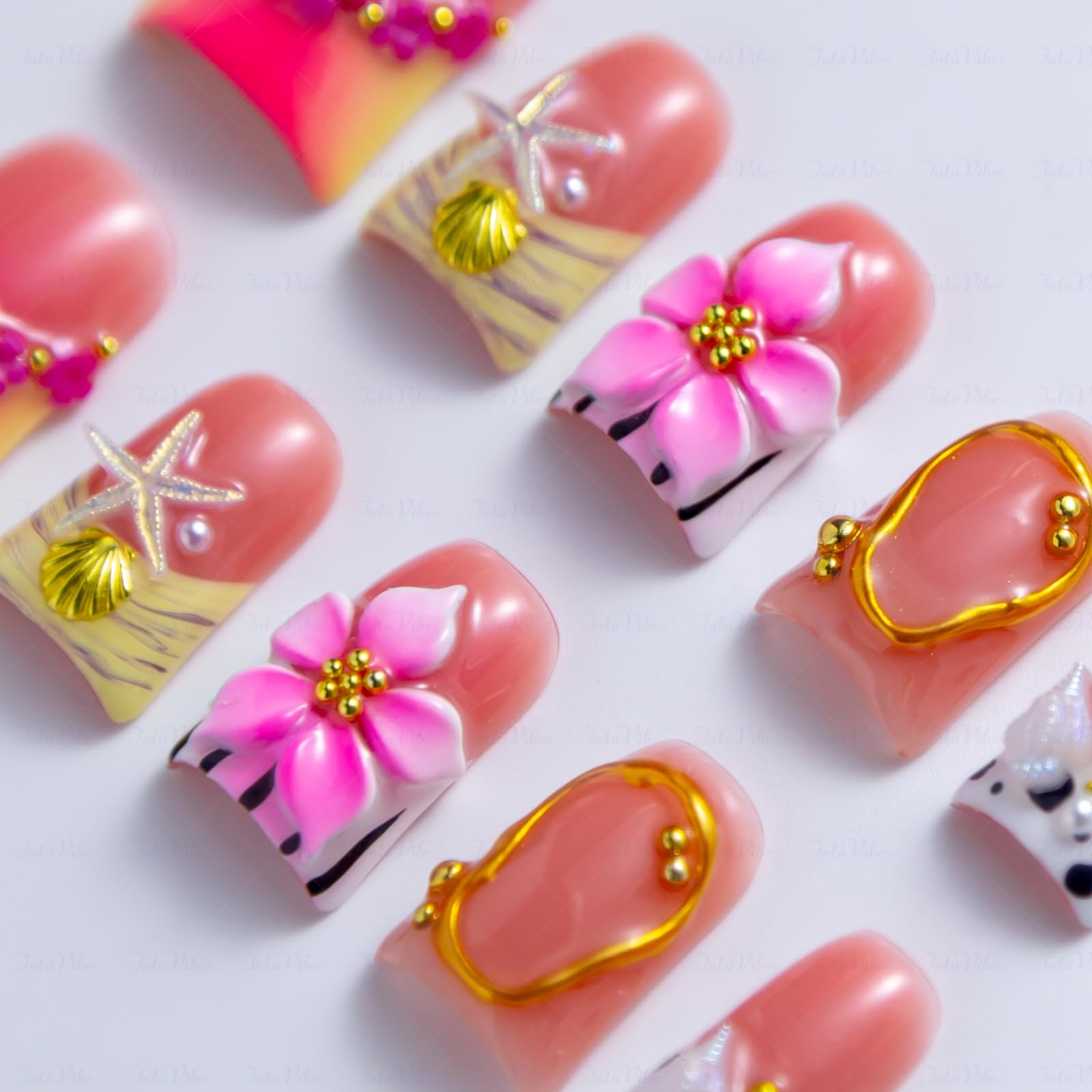 IntoVibes 10-Piece Luxury Acrylic Press On Nails – Short Duck Shape, Pink Finish, 3D Flowers & Shell Accents