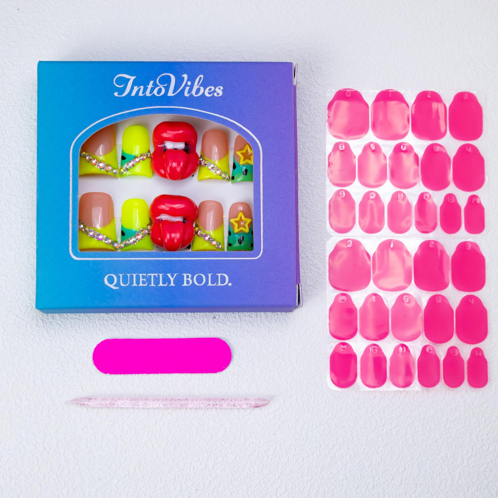 IntoVibes 10 Pcs Luxury Acrylic Press On Nails – Short Duck Shape, Reusable, Rhinestones, Yellow Star & 3D Lips (L)