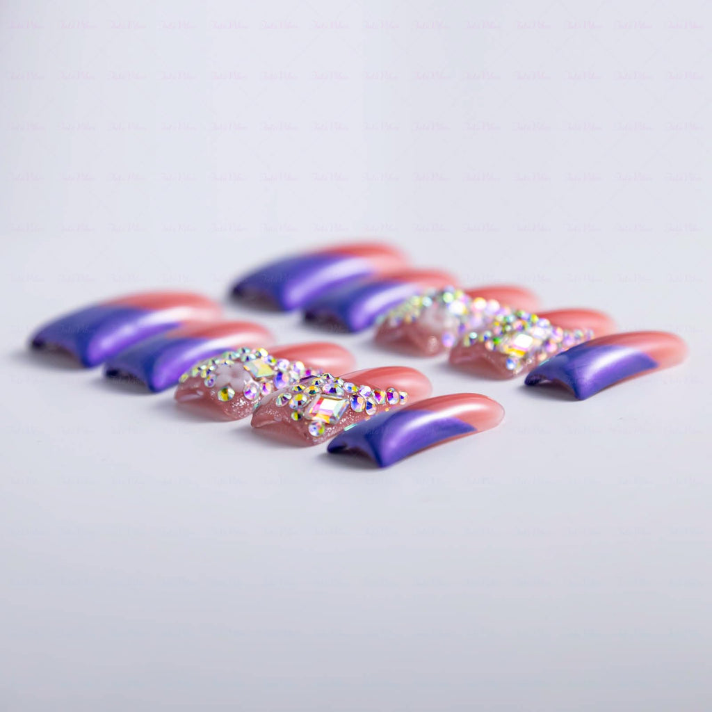 IntoVibes 10-Piece Handmade Luxury Purple Shimmer Duck-Shape Press On Nails with AB Crystal Shine