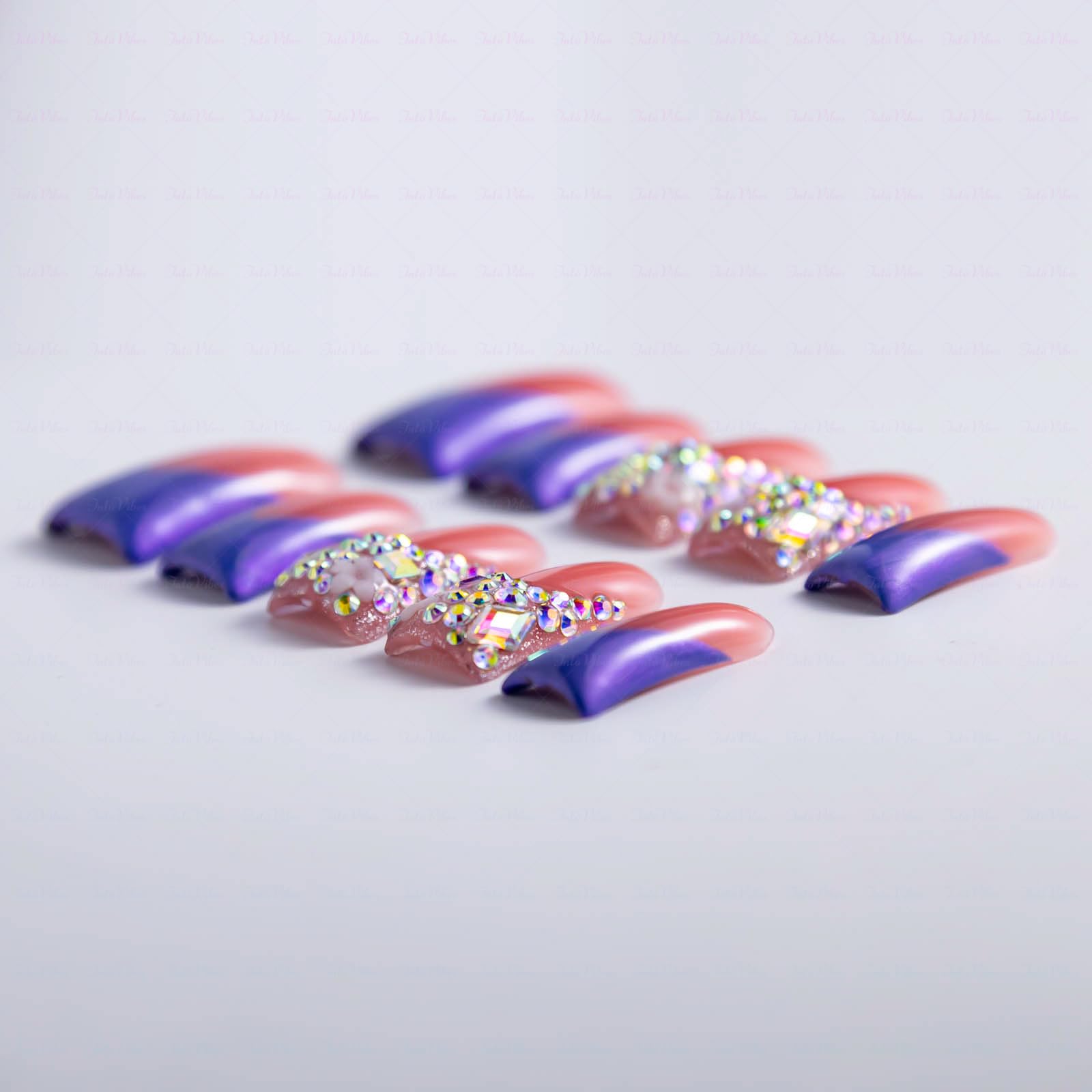 IntoVibes 10-Piece Handmade Luxury Purple Shimmer Duck-Shape Press On Nails with AB Crystal Shine