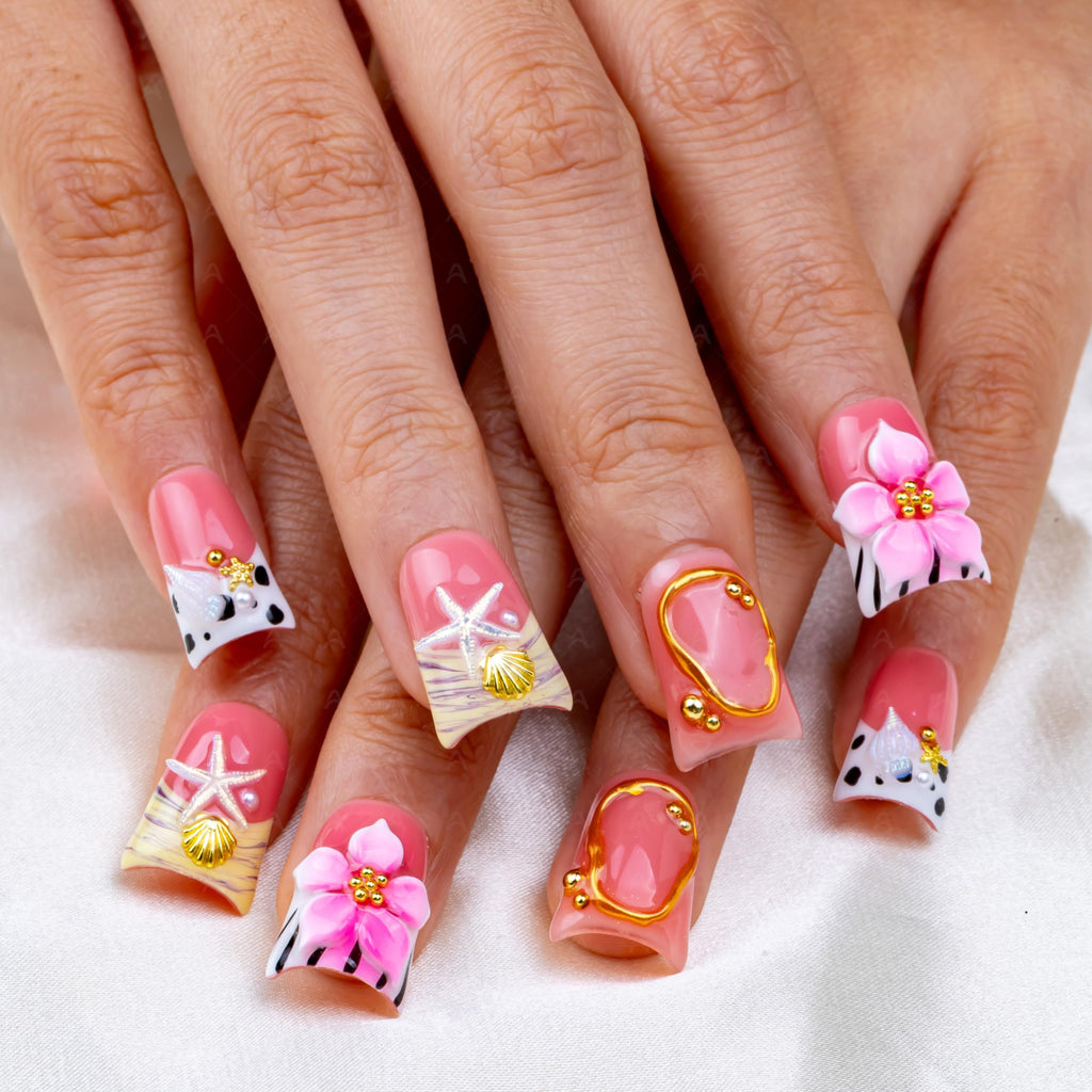IntoVibes 10-Piece Luxury Acrylic Press On Nails – Short Duck Shape, Pink Finish, 3D Flowers & Shell Accents