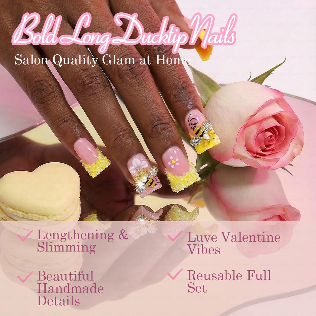 IntoVibes 10-Piece Luxury Acrylic Press On Nails - Short Duck Shape, Butter Yellow, Rhinestones & Floral Bee Charms (L)