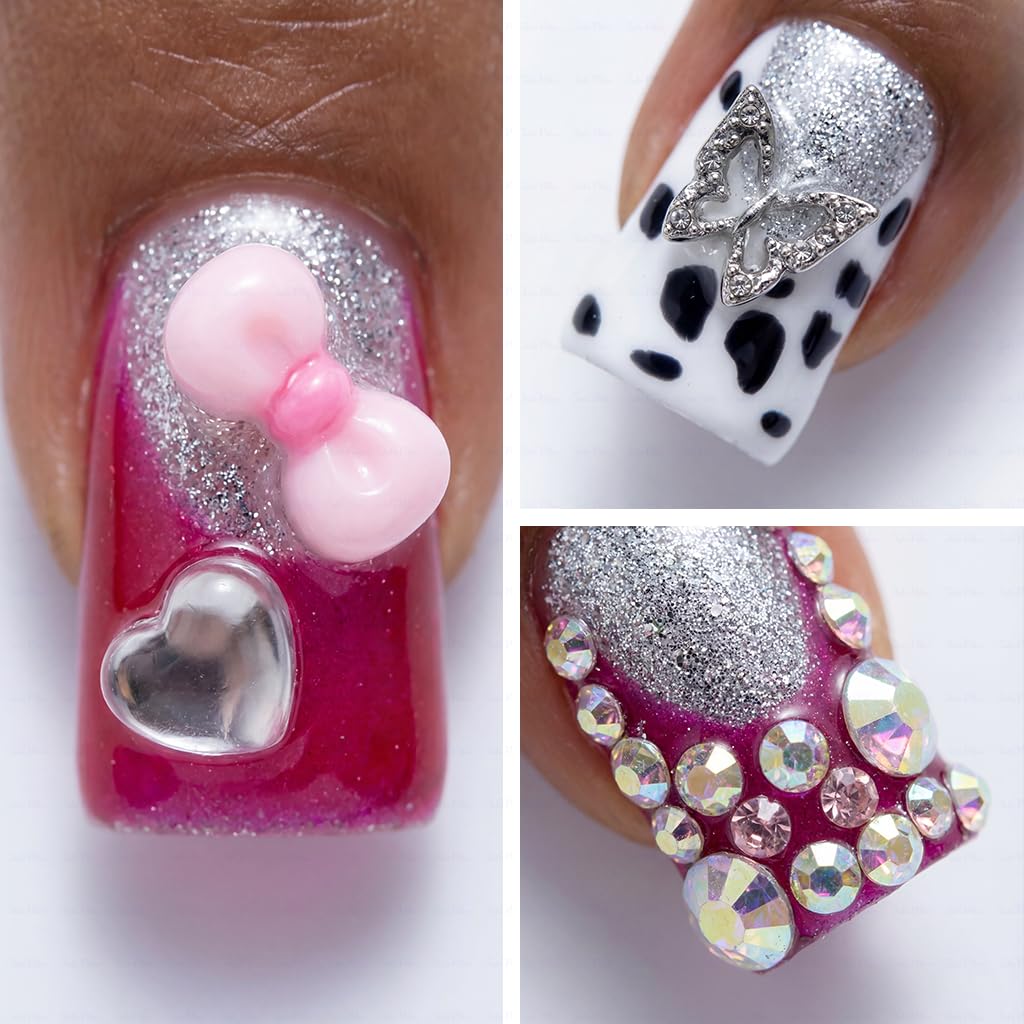IntoVibes 10-Piece Luxury Acrylic Press-On Nails – Short Duck Shape, Pink French Tips, Reusable 3D Hearts, Butterflies & Stars (M)