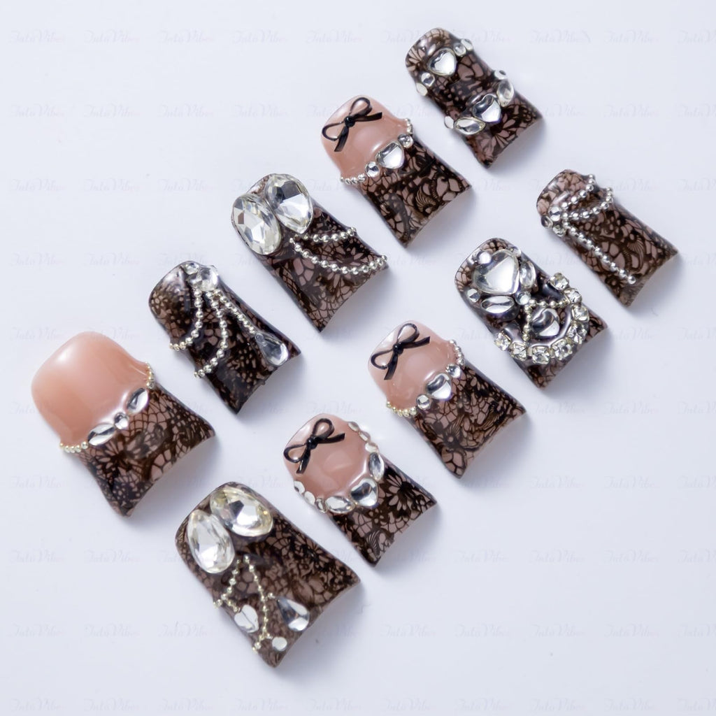 IntoVibes 10-Piece Luxury Acrylic Press-On Nails – Short Duck Shape, 3D Lace Texture, Large Rhinestones, Reusable