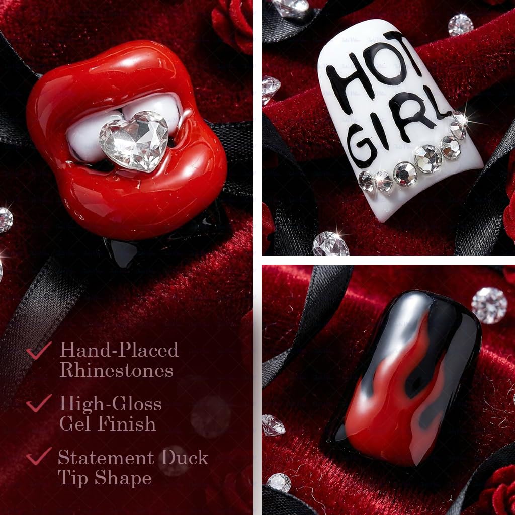 IntoVibes 10-Piece Luxury Acrylic Press On Nails — Short Duck Shape, Red & Black Flames, Reusable