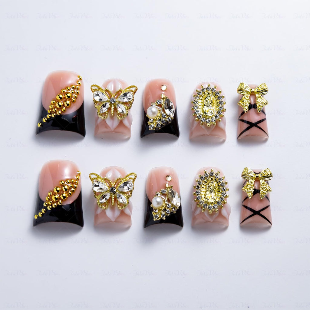 IntoVibes 10-Piece Luxury Acrylic Press On Nails — Short Duck Shape, Pink & Black, Gold Butterflies & Bows, Reusable