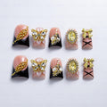 IntoVibes 10-Piece Luxury Acrylic Press On Nails — Short Duck Shape, Pink & Black, Gold Butterflies & Bows, Reusable