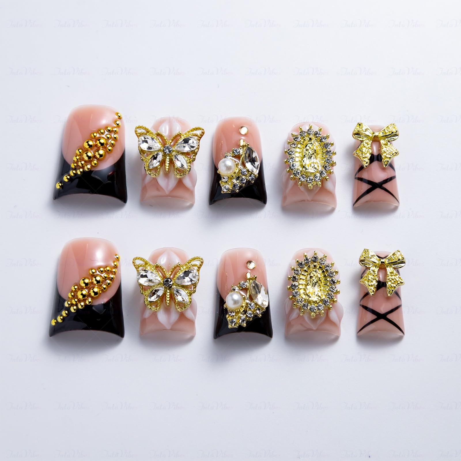 IntoVibes 10-Piece Luxury Acrylic Press On Nails — Short Duck Shape, Pink & Black, Gold Butterflies & Bows, Reusable