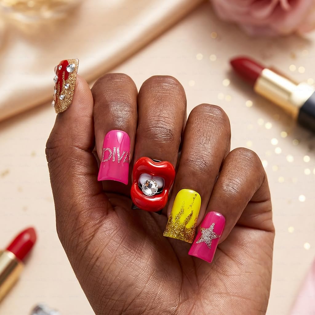IntoVibes 10-Piece Luxury Acrylic Press On Nails – Short Duck Shape, Pink, Rhinestones, Reusable