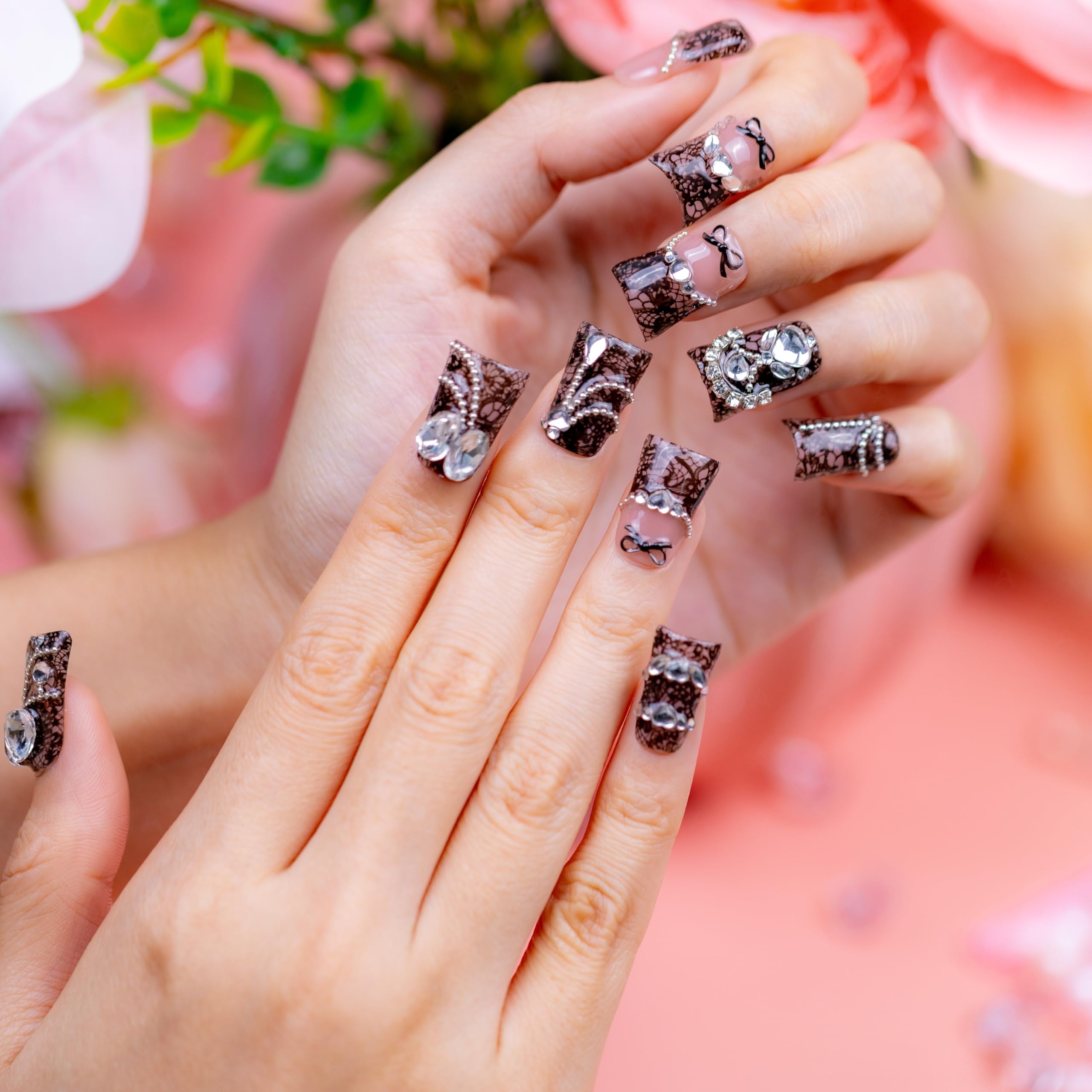 IntoVibes 10-Piece Luxury Acrylic Press-On Nails – Short Duck Shape, 3D Lace Texture, Large Rhinestones, Reusable