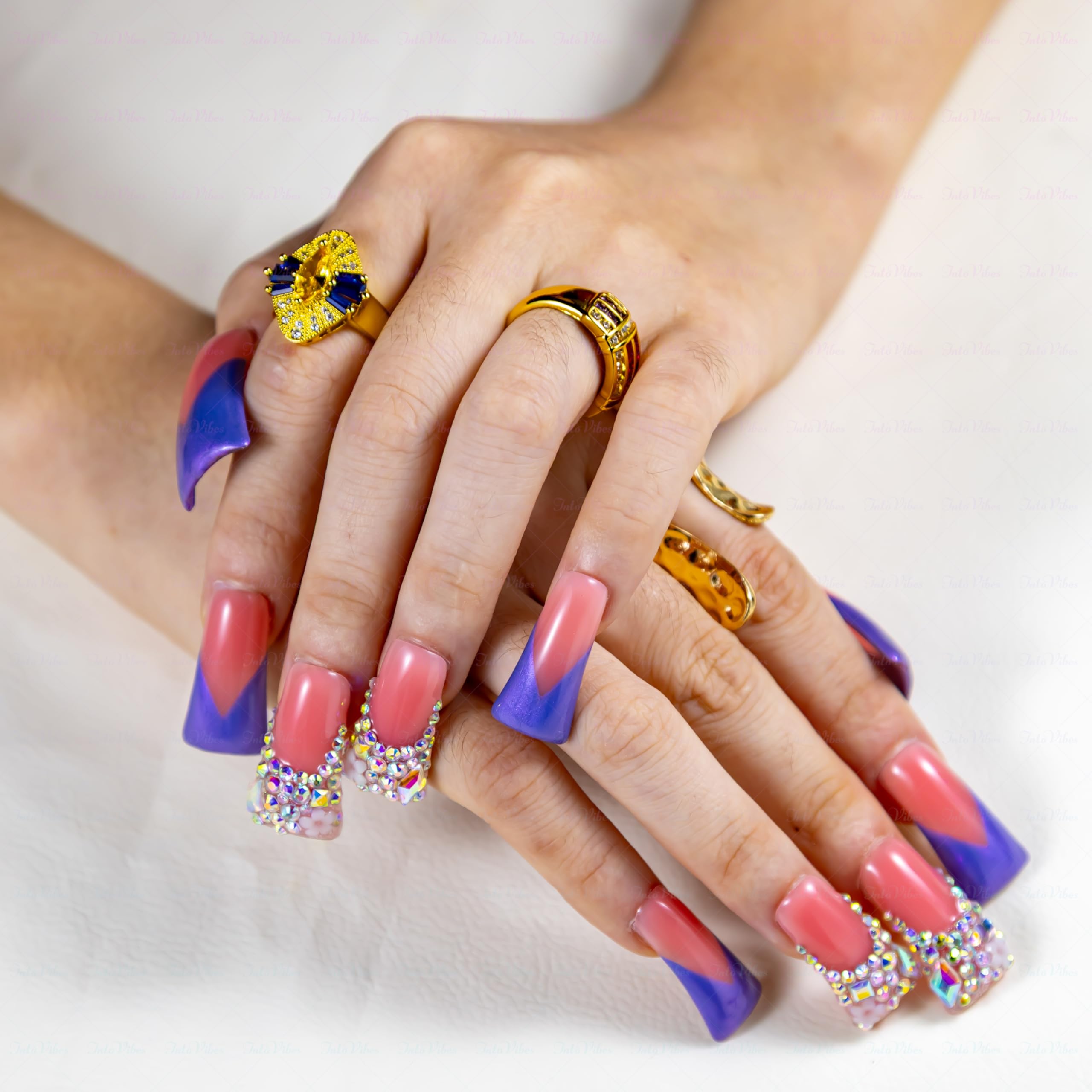 IntoVibes 10-Piece Handmade Luxury Purple Shimmer Duck-Shape Press On Nails with AB Crystal Shine