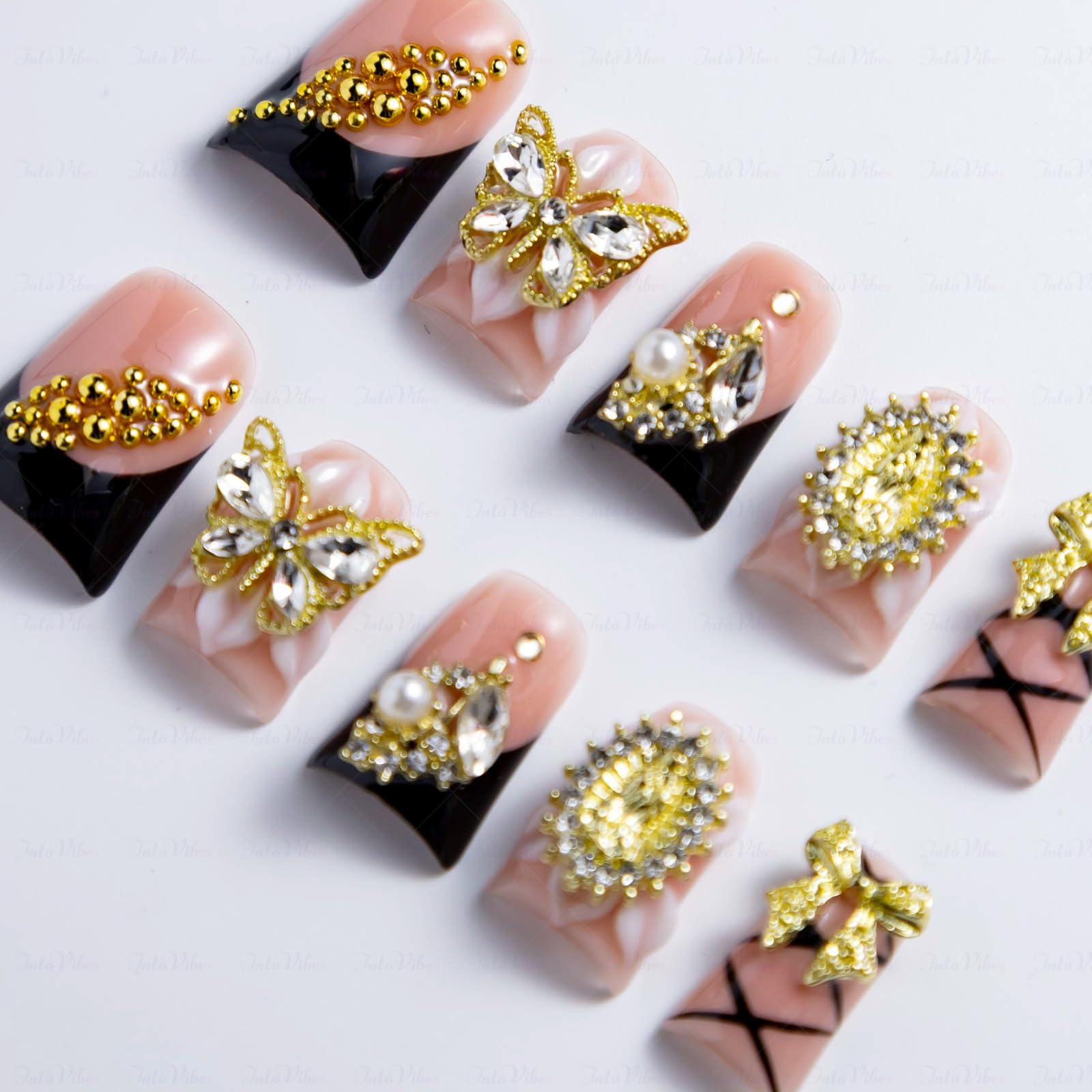 IntoVibes 10-Piece Luxury Acrylic Press On Nails — Short Duck Shape, Pink & Black, Gold Butterflies & Bows, Reusable