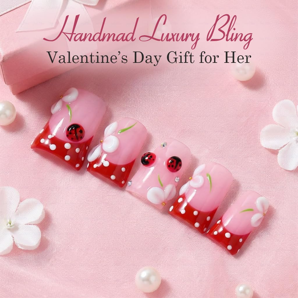 IntoVibes 10 Pcs Luxury Acrylic Press On Nails – Short Duck Shape, Reusable, 3D Petals & Ladybugs (S)
