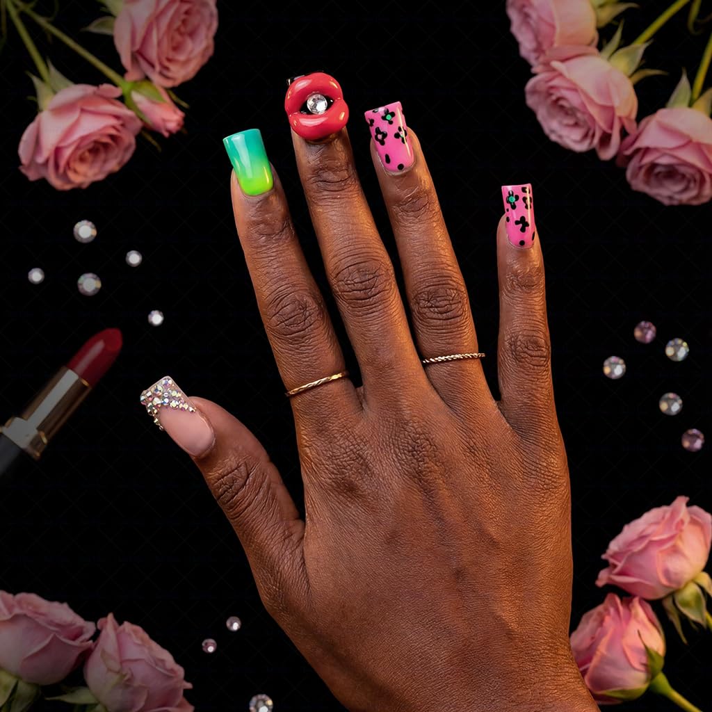IntoVibes 10-Piece Luxury Duck-Shape Short Press-On Nails – Pink, Leopard Print & 3D Lips, Reusable