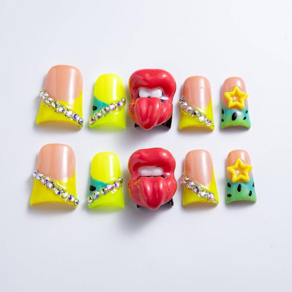 IntoVibes 10 Pcs Luxury Acrylic Press On Nails – Short Duck Shape, Reusable, Rhinestones, Yellow Star & 3D Lips (L)