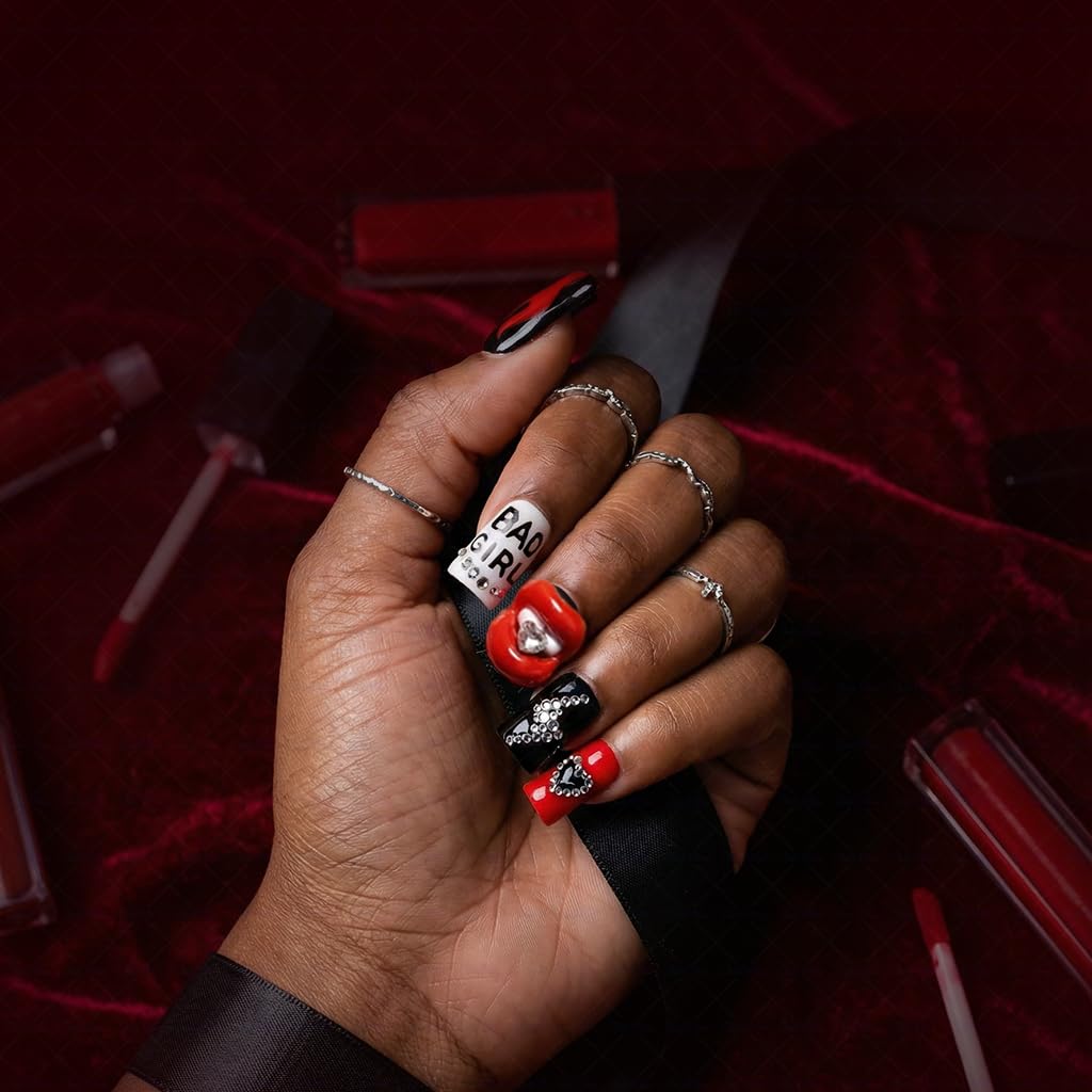 IntoVibes 10 Pcs Luxury Acrylic Press On Nails – Short Duck Shape, Red & Black Flames, Glitter Lips, Reusable Valentines Day Nails