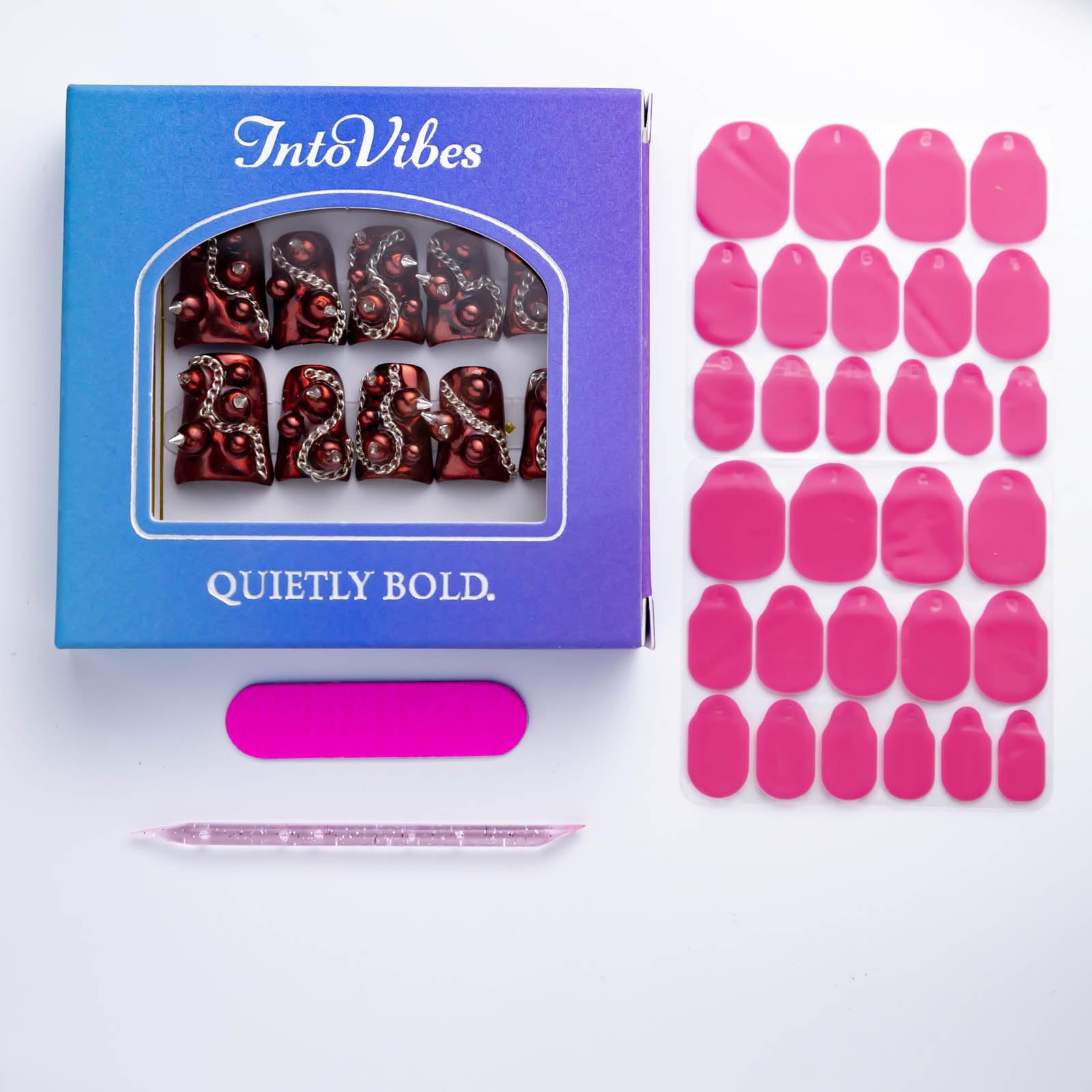 IntoVibes 10-Piece Luxury Acrylic Press-On Nails – Short Duck Shape, Red Gloss, Punk Rivets & Chains, Reusable