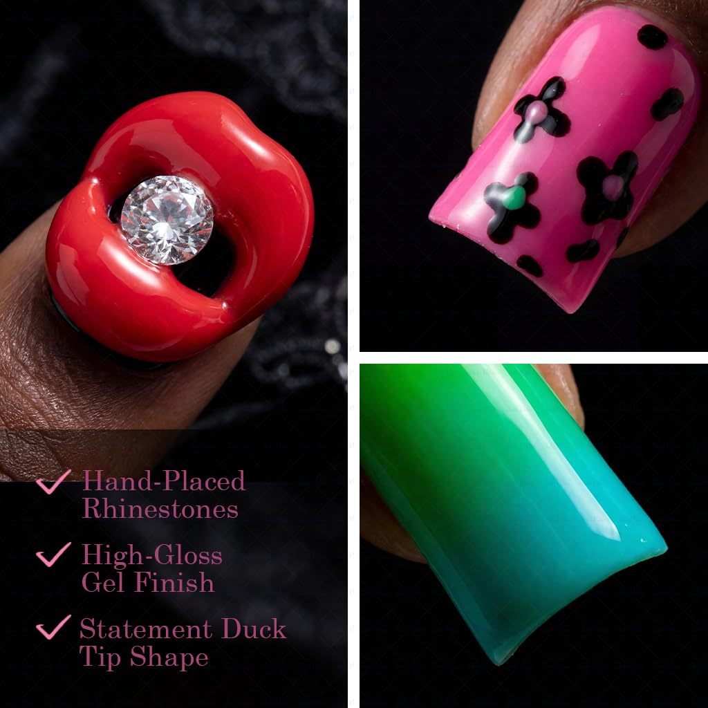 IntoVibes 10 Pcs Luxury Acrylic Press On Nails – Short Duck Shape, Leopard Print & 3D Lips
