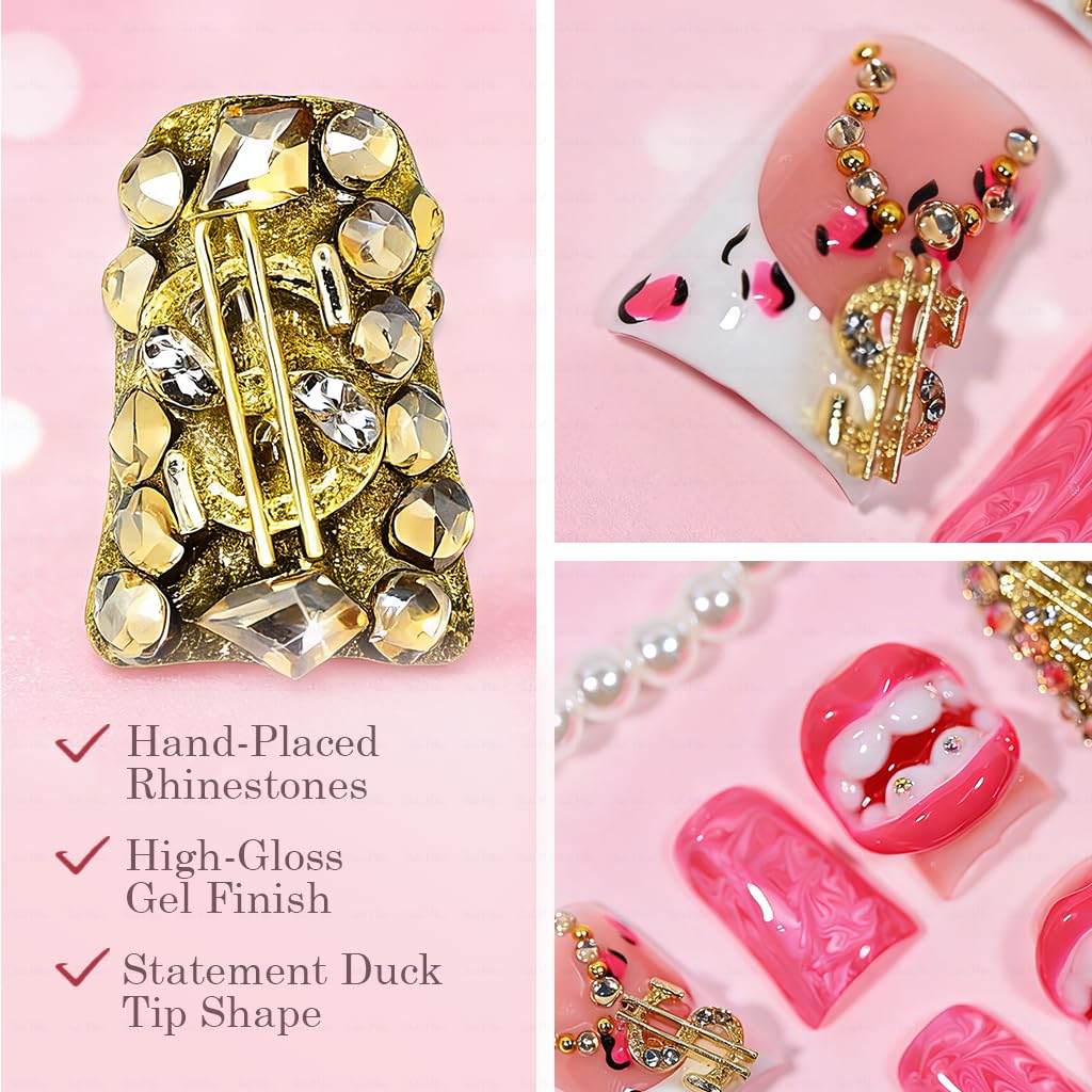 IntoVibes 10 Pcs Luxury Acrylic Press On Nails — Short Duck Shape, Pink French