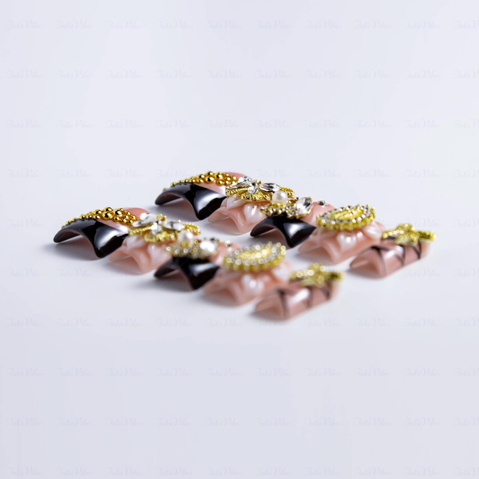IntoVibes 10-Piece Luxury Acrylic Press On Nails — Short Duck Shape, Pink & Black, Gold Butterflies & Bows, Reusable
