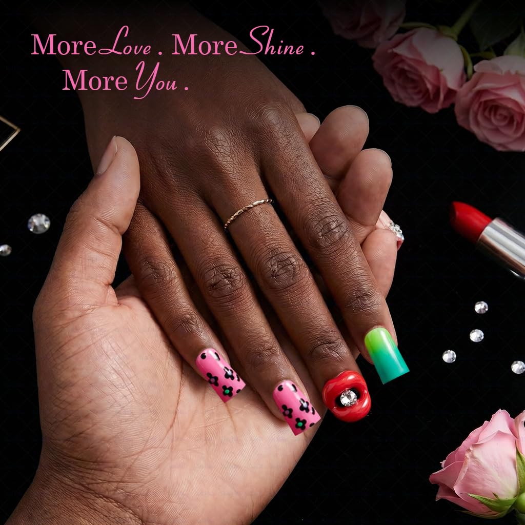 IntoVibes 10-Piece Luxury Duck-Shape Short Press-On Nails – Pink, Leopard Print & 3D Lips, Reusable