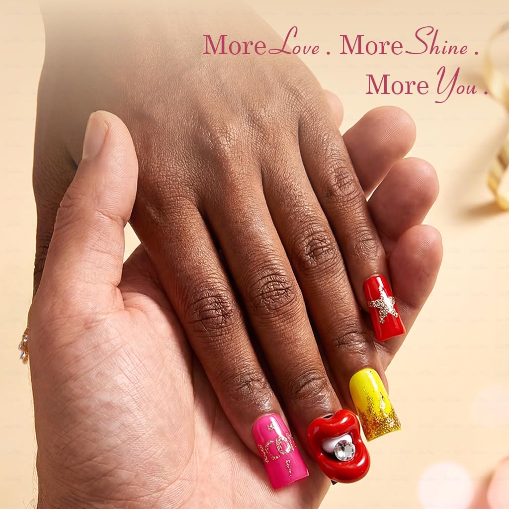 IntoVibes 10-Piece Luxury Acrylic Press-On Nails – Short Duck Shape, Pink, Rhinestones & 3D Lips, Reusable | Size L