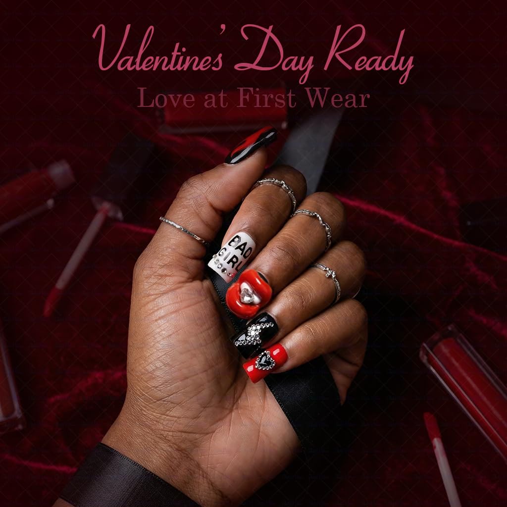 IntoVibes 10-Piece Luxury Acrylic Press On Nails – Short Duck Shape, Red Flames & Glitter Lips, Reusable Valentines Nails (L)