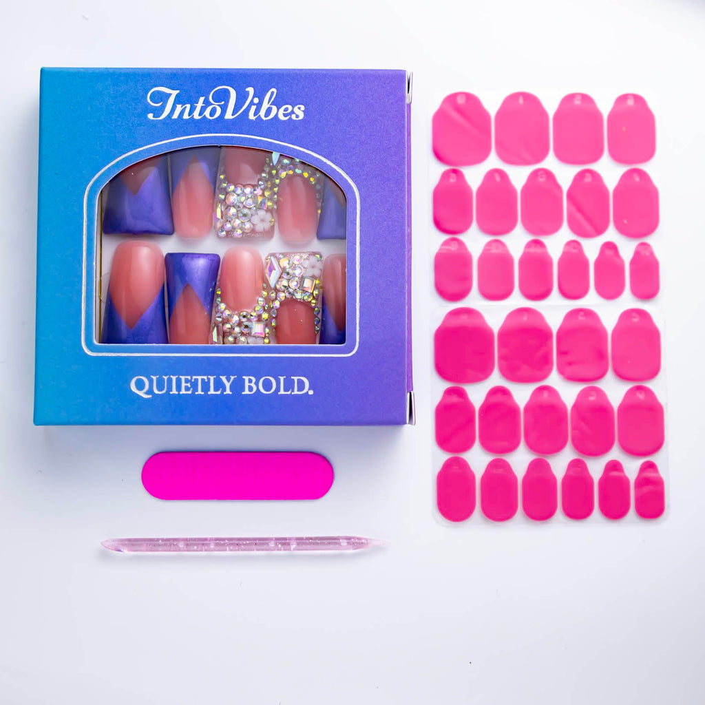 IntoVibes 10-Piece Handmade Luxury Purple Shimmer Duck-Shape Press On Nails with AB Crystal Shine