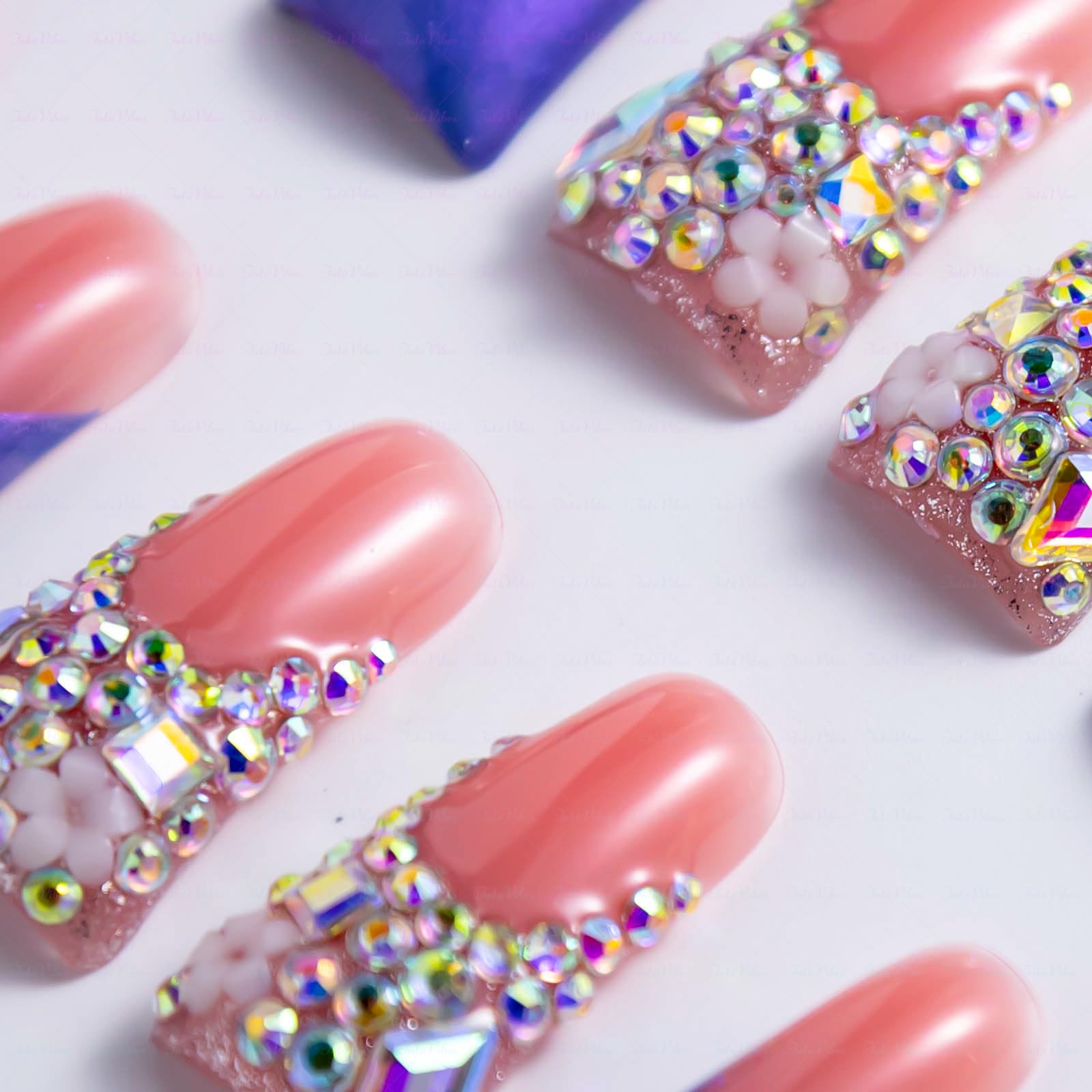 IntoVibes 10-Piece Handmade Luxury Purple Shimmer Duck-Shape Press On Nails with AB Crystal Shine