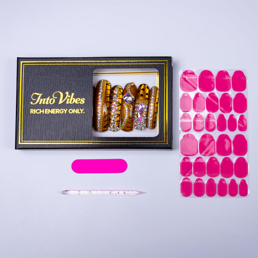 IntoVibes Leopard Cat Eye Press On Nails – Curved Tips, Gold Metallic, 3D AB Crystals (M)