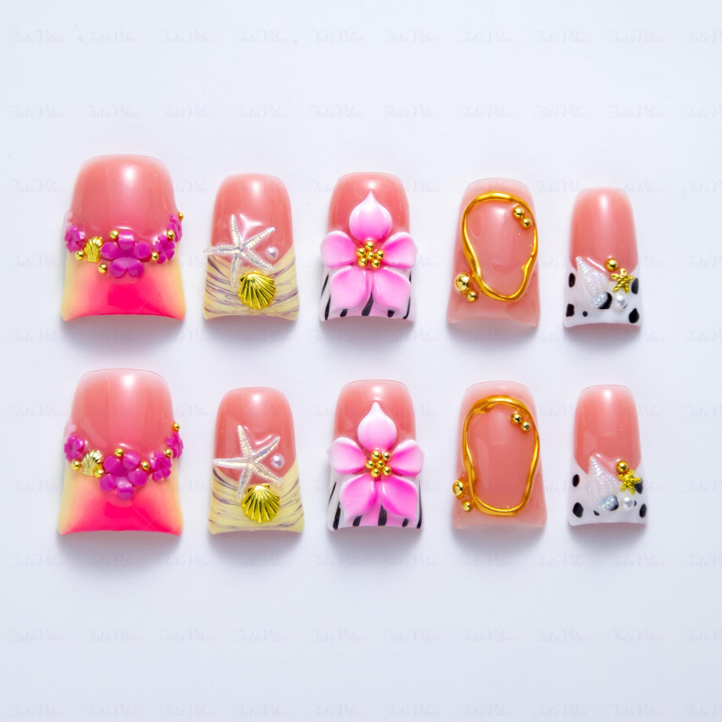 IntoVibes 10-Piece Luxury Acrylic Press On Nails – Short Duck Shape, Pink Finish, 3D Flowers & Shell Accents