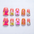 IntoVibes 10-Piece Luxury Acrylic Press On Nails – Short Duck Shape, Pink Finish, 3D Flowers & Shell Accents