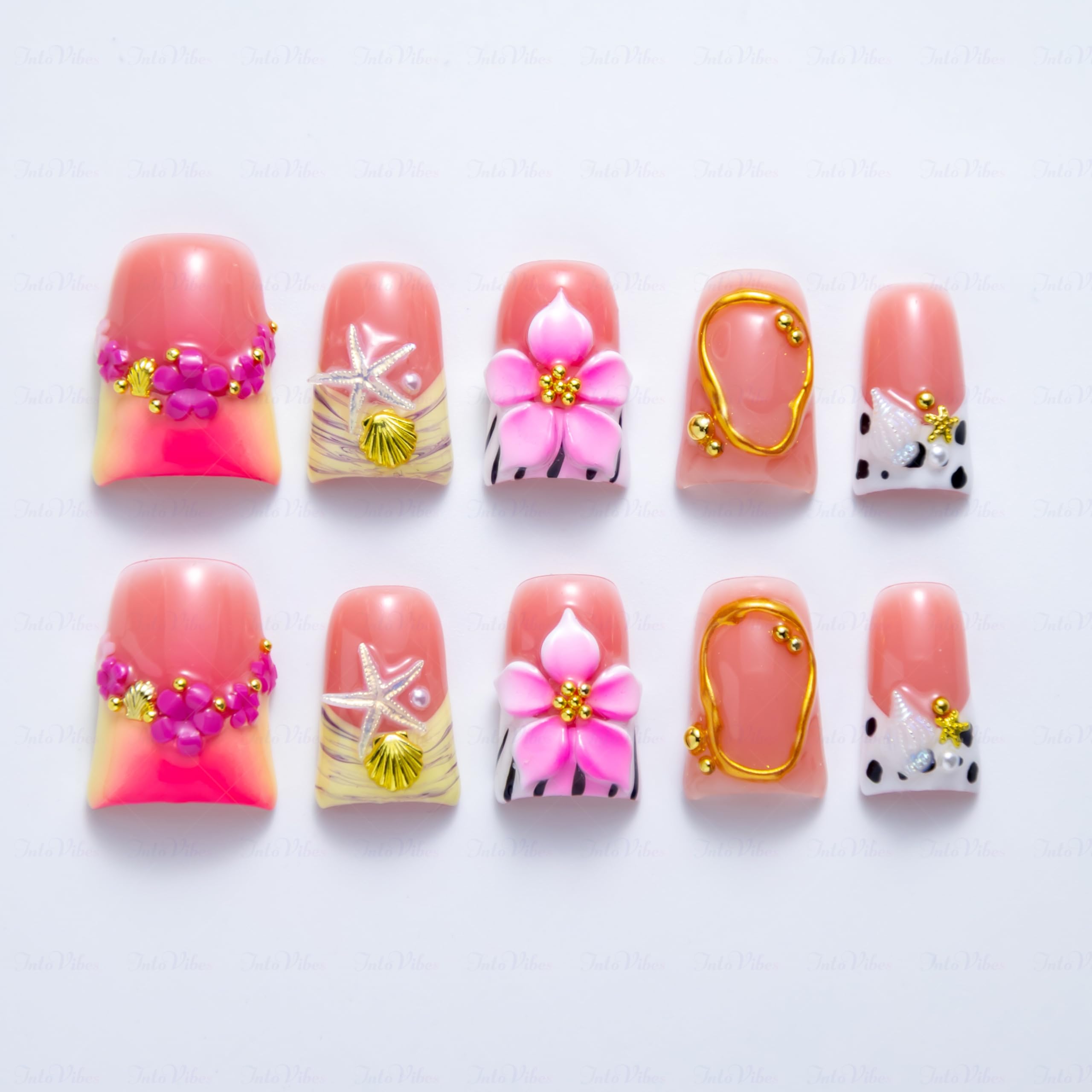 IntoVibes 10-Piece Luxury Acrylic Press On Nails – Short Duck Shape, Pink Finish, 3D Flowers & Shell Accents