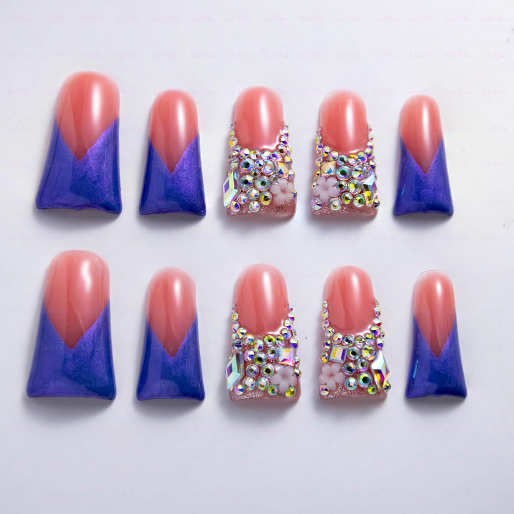 IntoVibes 10-Piece Handmade Luxury Purple Shimmer Duck-Shape Press On Nails with AB Crystal Shine