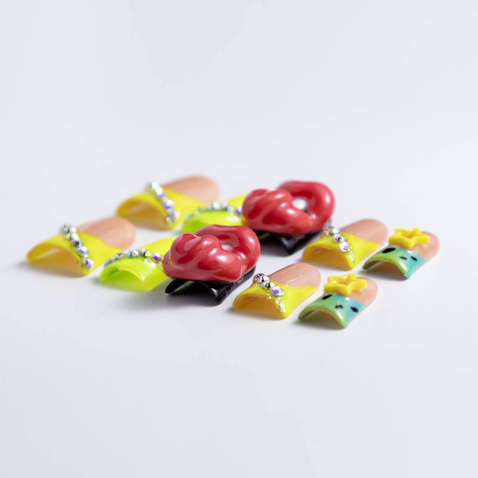 IntoVibes 10 Pcs Luxury Acrylic Press On Nails – Short Duck Shape, Reusable, Rhinestones, Yellow Star & 3D Lips (L)