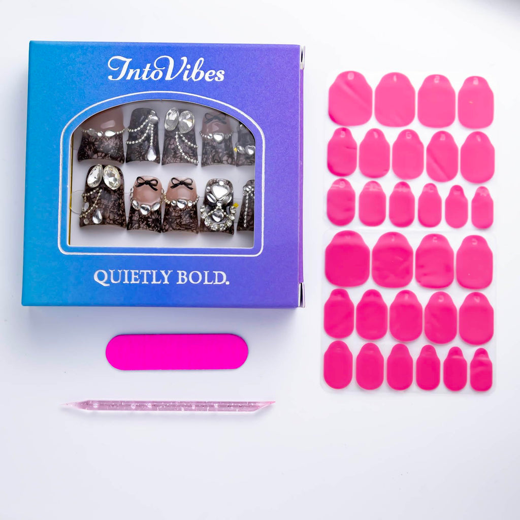 IntoVibes 10 Pcs Luxury Duck-Shape Press On Nails – Short, Reusable, 3D Lace Texture, Black French