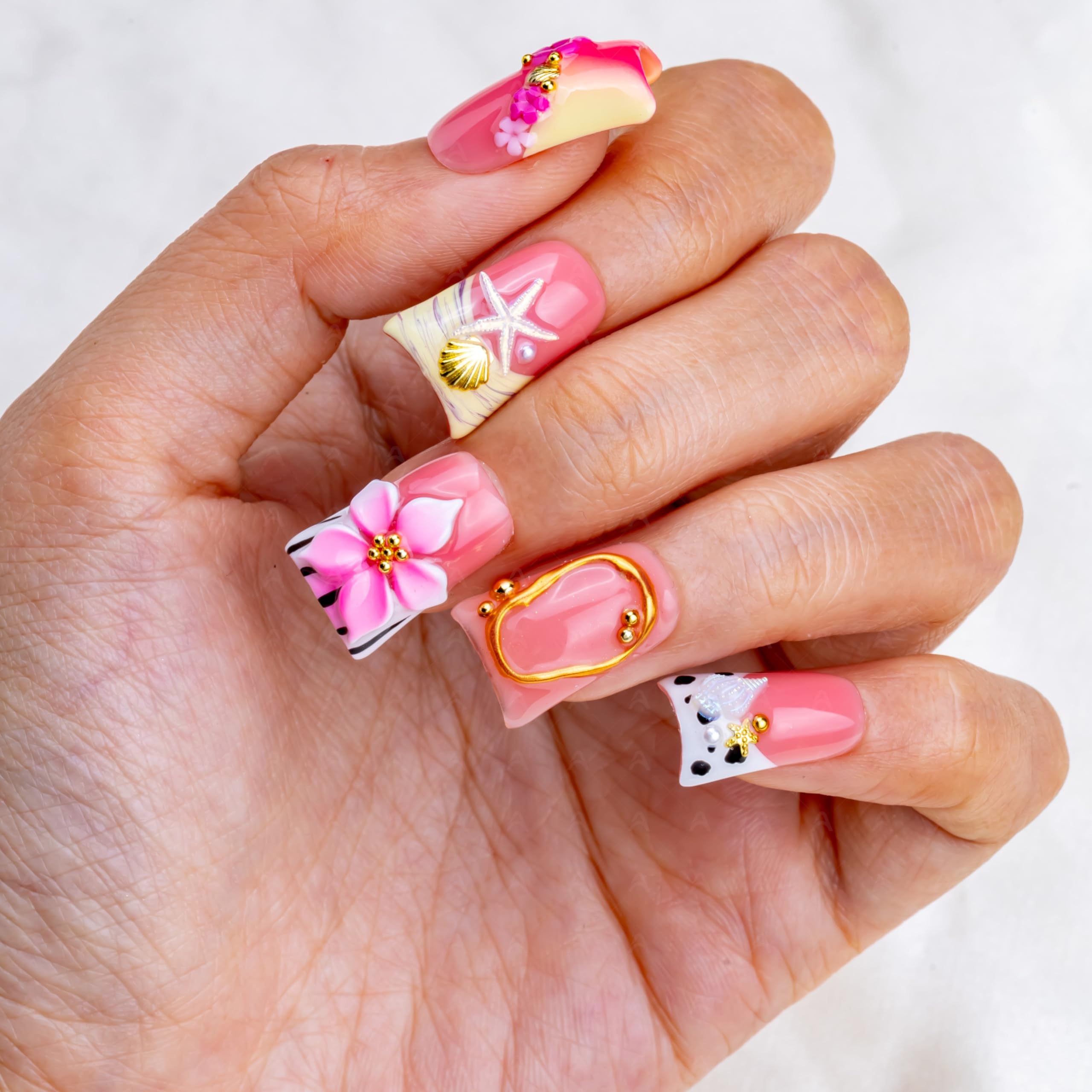 IntoVibes 10-Piece Luxury Acrylic Press On Nails – Short Duck Shape, Pink Finish, 3D Flowers & Shell Accents