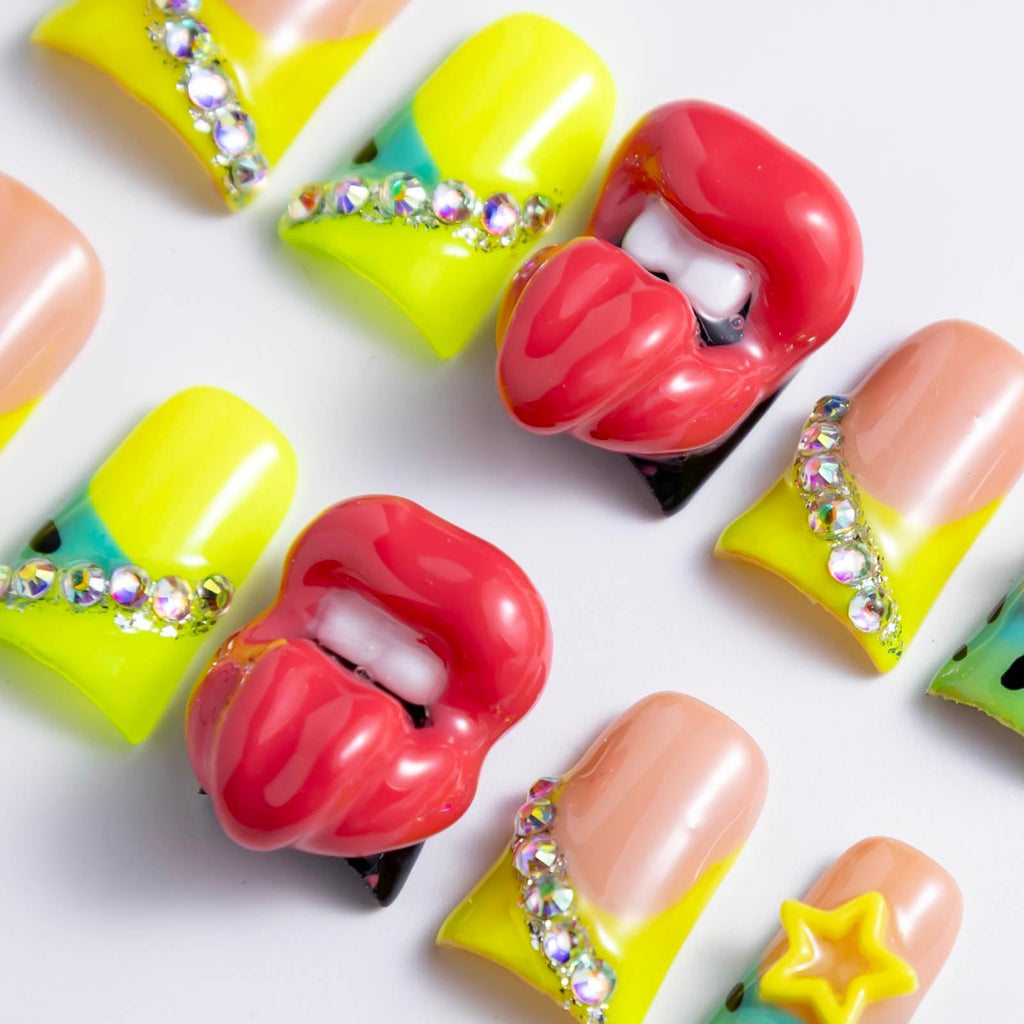 IntoVibes 10 Pcs Luxury Acrylic Press On Nails – Short Duck Shape, Reusable, Rhinestones, Yellow Star & 3D Lips (L)