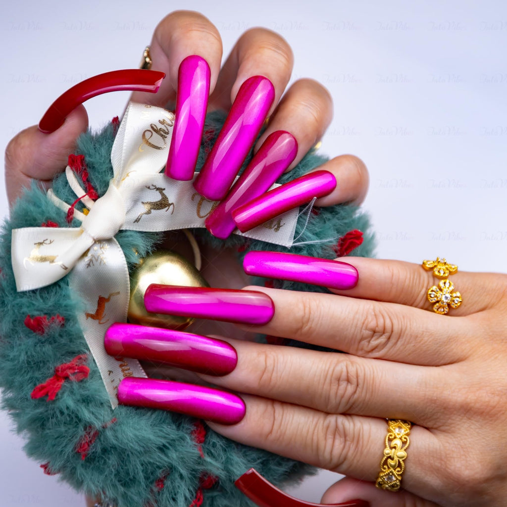 IntoVibes Purple Shimmer XL Press On Nails – Curved Down Groove, Metallic Plum, Reusable Fake Nail Tips, Salon-Quality for Special Occasions